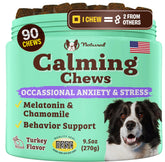 Natural Dog Company Calming Chews bottle promotes gentle relaxation during stressful events.