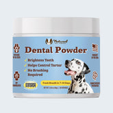 Natural Dog Company dental powder tub front shows fresher breath potential with daily sprinkle
