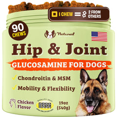 Natural Dog Company hip-joint supplement bottle closeup showing product packaging and label.