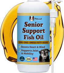 Natural Dog Company Omega-3 Fish Oil bottle highlighting senior dog mobility and coat health