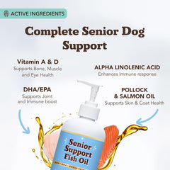 Natural Dog Company Omega-3 Fish Oil label emphasizes turmeric and salmon ingredients for seniors