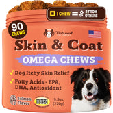 Natural Dog Company Skin & Coat supplement bottle label highlights omega-3 benefits for a shinier coat