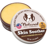 Natural Dog Company Skin Soother tin front view highlights portable itch relief for dogs