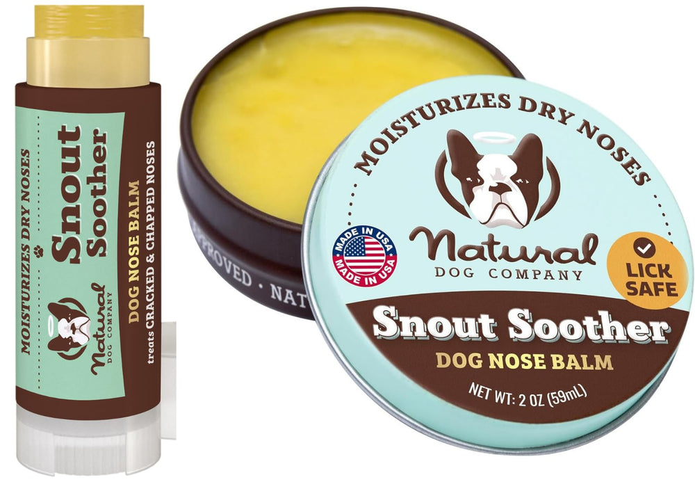 Natural Dog Company Snout Soother tin closeup with creamy balm for dry noses.