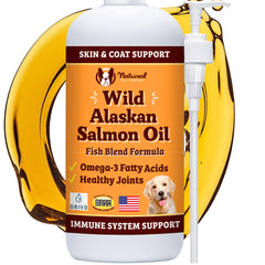 Natural Dog Company Wild Alaskan Salmon Oil bottle pouring onto dog food for shine