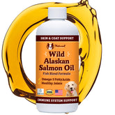 Natural Dog Company wild Alaskan salmon oil bottle pour promotes shiny coat