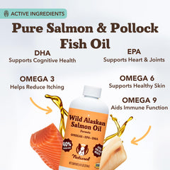 Natural Dog Company wild Alaskan salmon oil pump-dispense on meals for tasty nutrition
