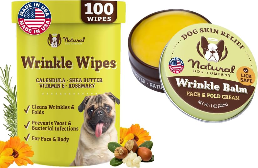 Natural Dog Company wrinkle wipes and balm bundle front view for convenient wrinkle care