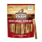Natural Farm bully cheek stick packaging shows a 25-pack of rawhide-free dog chews.