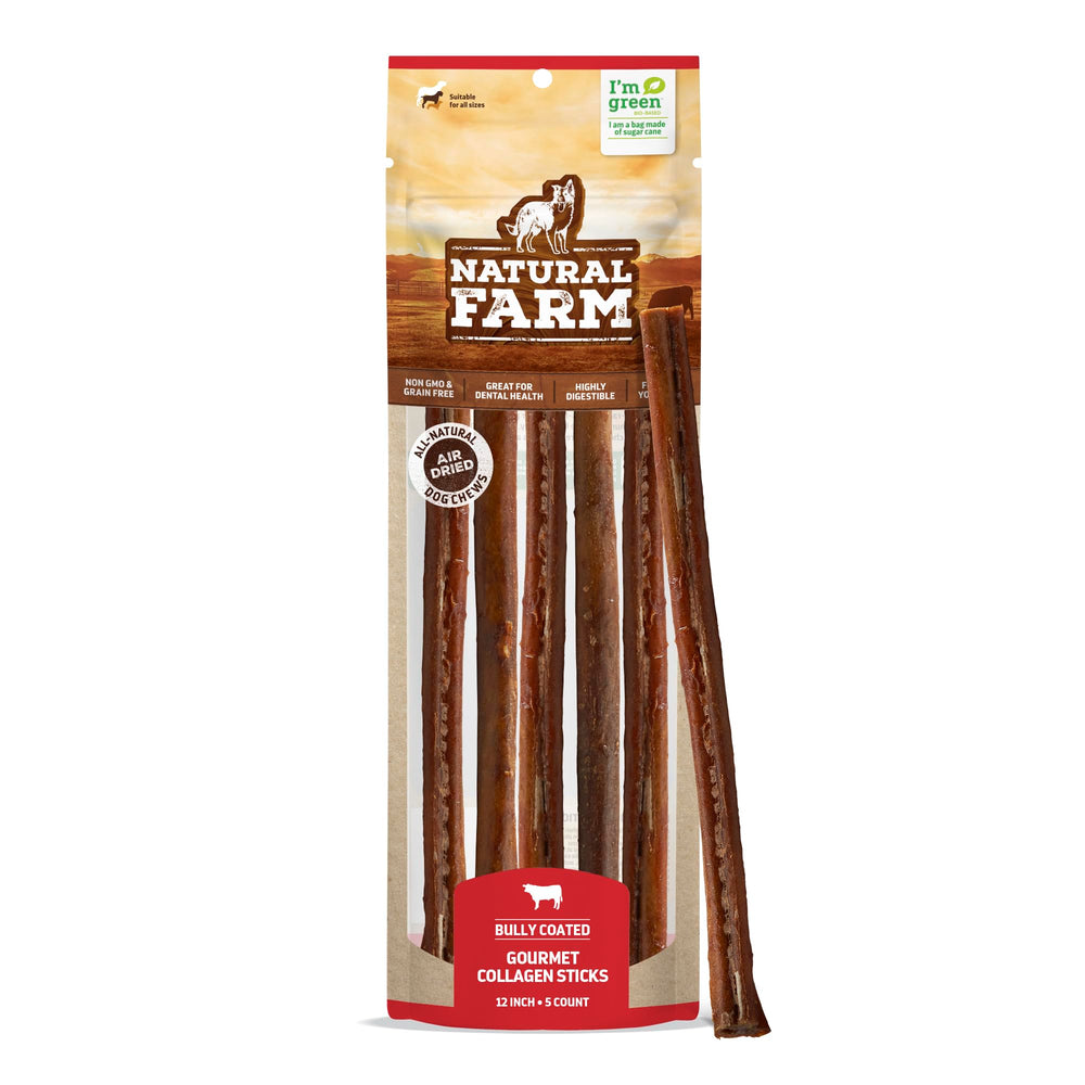 Natural Farm Bully Coated Gourmet Collagen Sticks 5-pack front, rawhide alternative for dogs