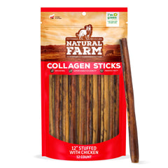 Natural Farm Chicken Stuffed Collagen Chews close-up pack shows texture and size.