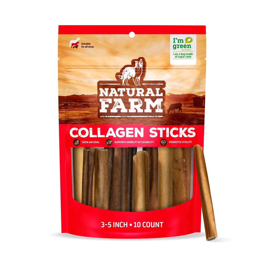 Natural Farm collagen dog chews packaging highlighting odor-free long-lasting sticks for dogs