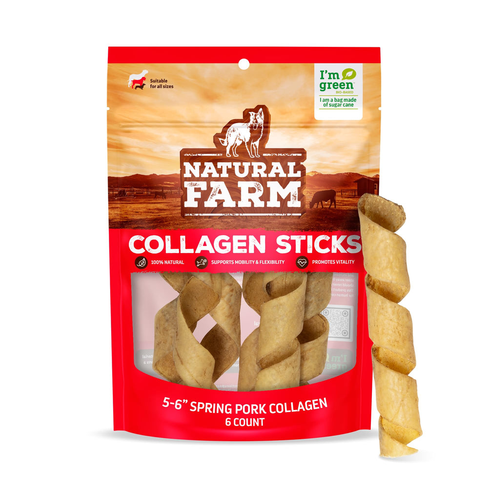 Natural Farm Curly Pork Collagen Sticks pack shot showing six-pack of odor-free chews