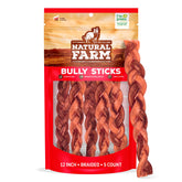 Natural Farm odor-free braided bully sticks 12-inch pack promote long-lasting chewing and dental engagement.