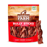 Natural Farm Odor-Free Braided Bully Sticks 6in pack shot highlighting long-lasting chew for dental play
