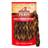 Natural Farm Odor Free Braided Collagen Chews for Dogs pack image showing long-lasting chews.