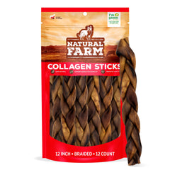 Natural Farm Odor Free Braided Collagen Chews for Dogs pack image showing long-lasting chews.