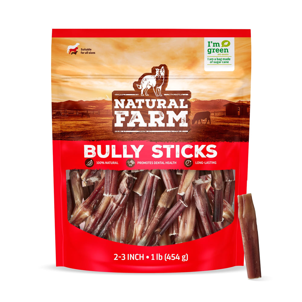 Natural Farm odor-free bully stick 2-3 inch satisfies chewing urges safely.
