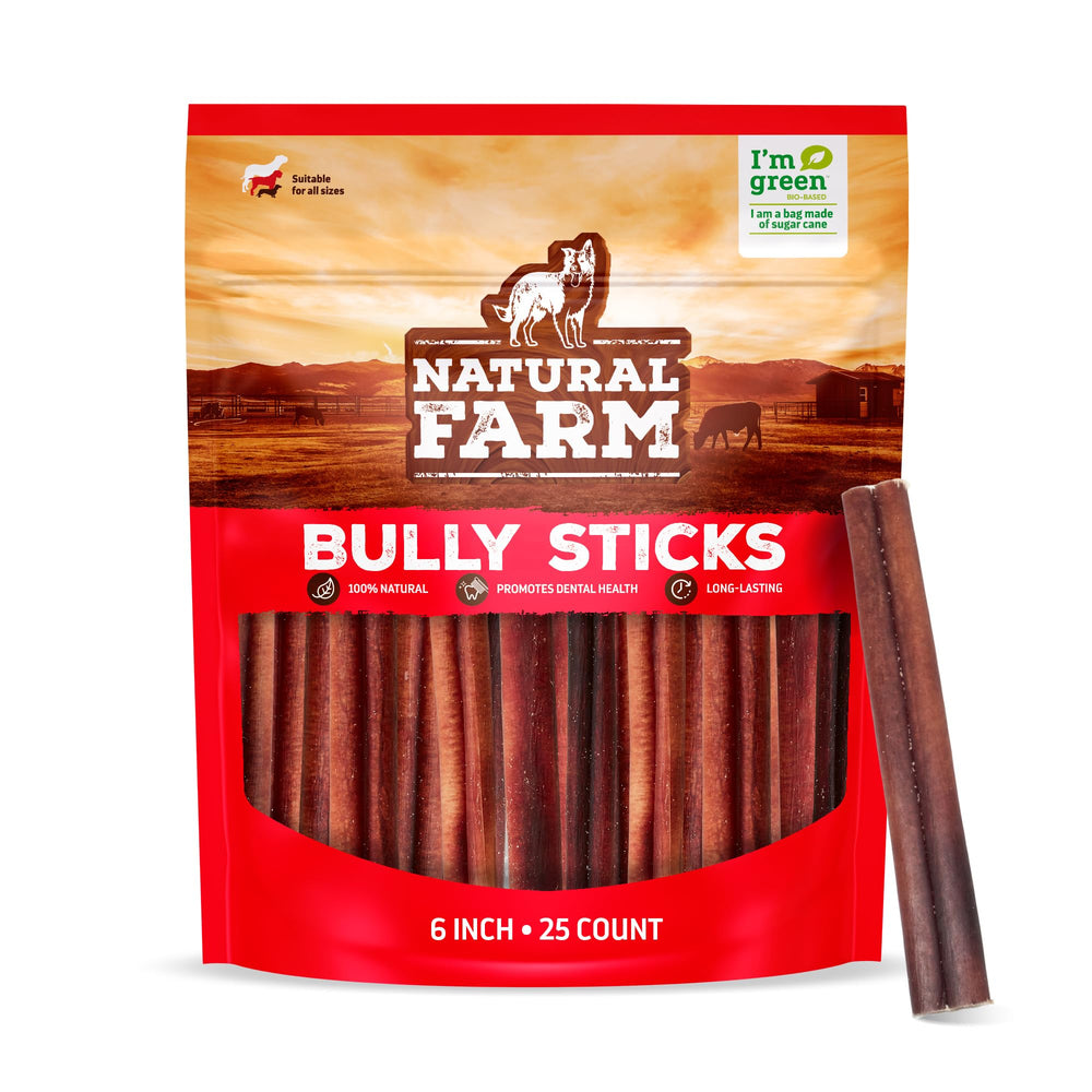 Natural Farm Odor-Free Bully Sticks bag front for long-lasting dog chew entertainment