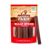 Natural Farm odor-free bully sticks pack shows 4-8 inch chews for medium dogs and training