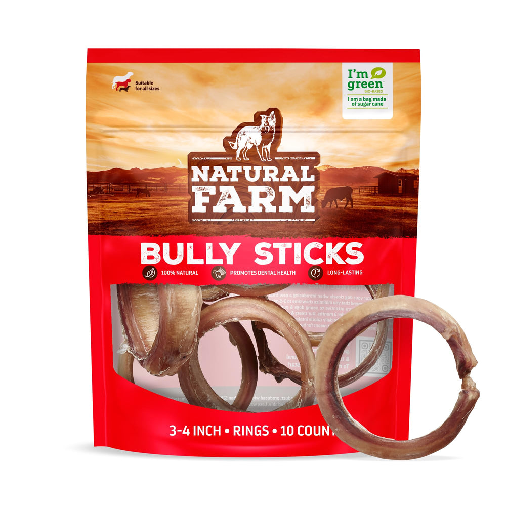 Natural Farm Odor Free Bully Sticks Ring bag closeup highlighting resealable packaging for easy storage.