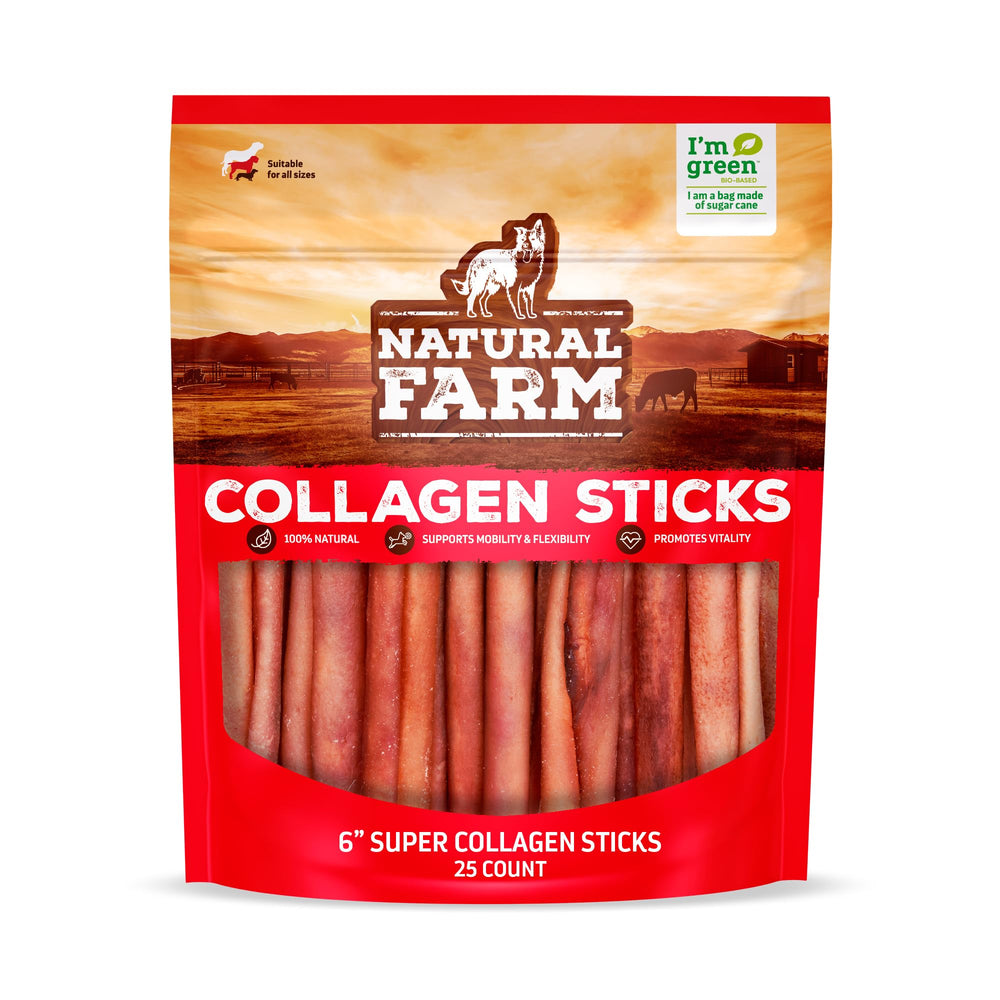 Natural Farm Odor-Free Super Collagen Dog Chews pack, 6-inch sticks for extended chew time.