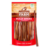 Natural Farm odor-free thin bully stick 25-pack for large dogs promotes long-lasting chewing.