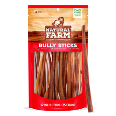 Natural Farm odor-free thin bully stick 25-pack for large dogs promotes long-lasting chewing.