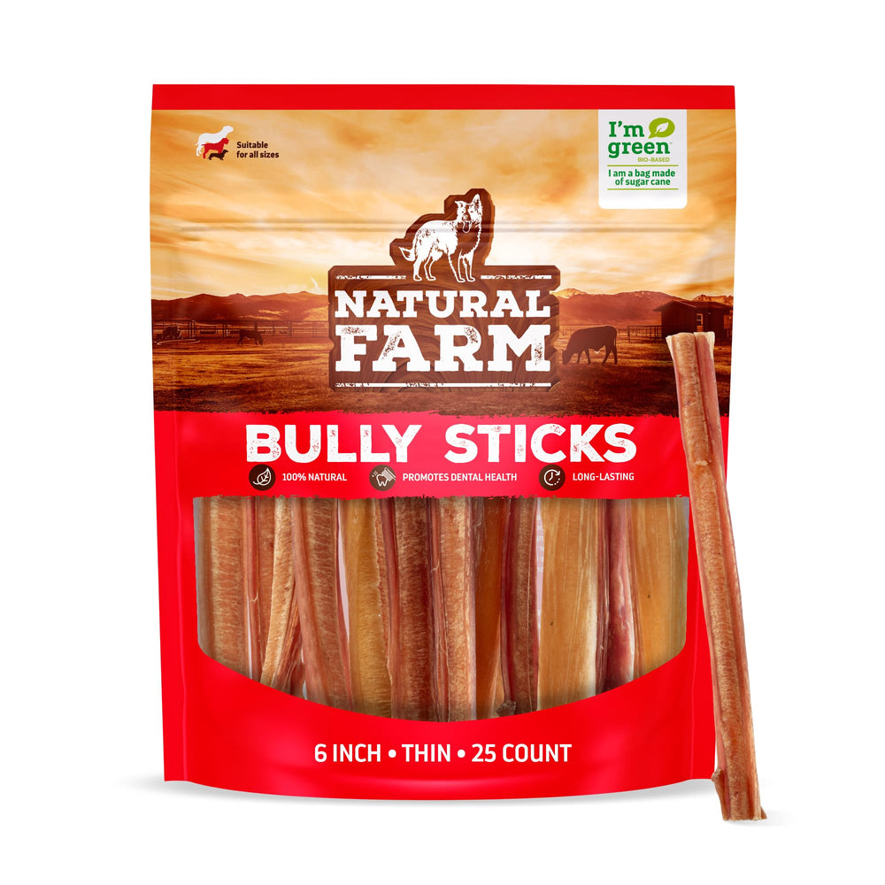 Natural Farm odor-free thin bully sticks 6-inch pack ideal for medium chewers and rewards.