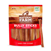 Natural Farm odor-free thin bully sticks 6-inch pack ideal for medium chewers and rewards.