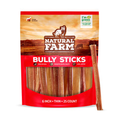 Natural Farm odor-free thin bully sticks 6-inch pack ideal for medium chewers and rewards.