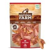 Natural Farm Pig Ears packaging shows a 25-pack and fresh, all-natural treats for dogs.