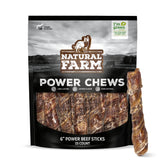 Natural Farm Power Beef Sticks packaging highlights premium dual-texture chew for longer chew sessions.