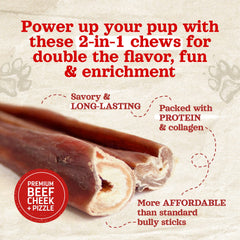 Natural Farm Power Bully Sticks ingredients close-up with beef cheek and pizzle details.