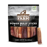 Natural Farm Power Bully Sticks packaging promotes a long-lasting chew for dogs.