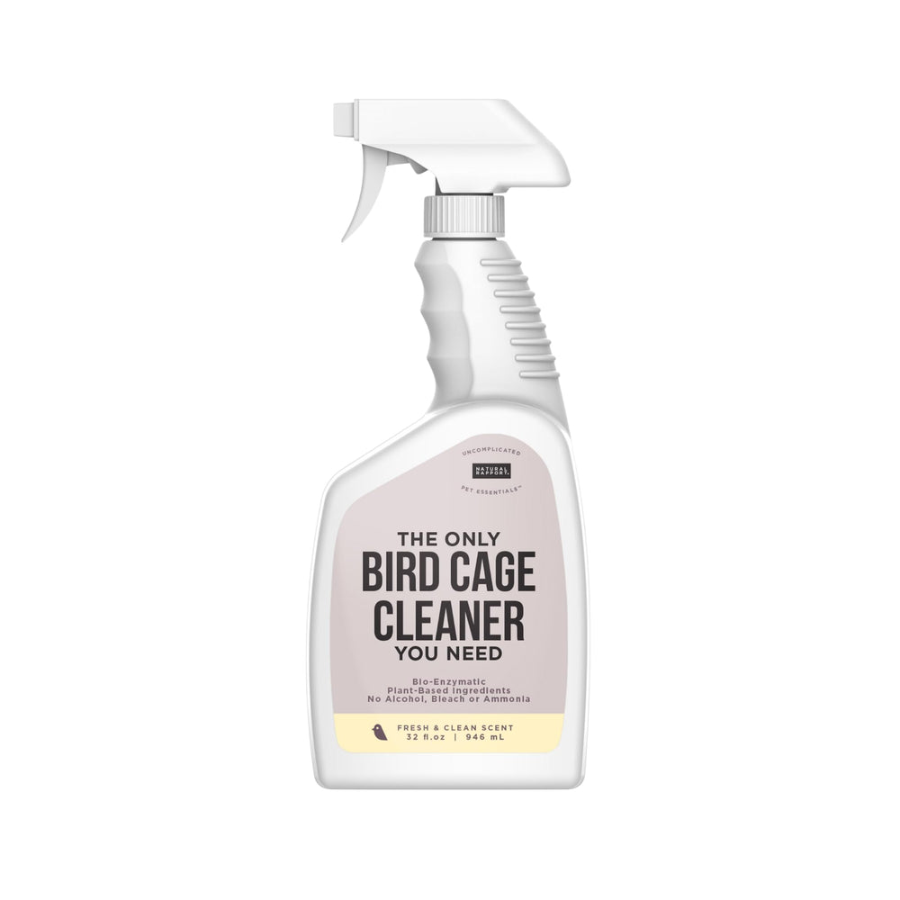 Natural Rapport Bird Cage Cleaner bottle front shows plant-based formula safe on cages and accessories
