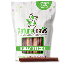 Nature Gnaws Large Bully Sticks 5-6 inch pack closeup, a long-lasting beef chew for big dogs.