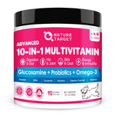 Nature Target dog vitamins powder package showing a tasty chicken-flavored supplement for daily feeding.