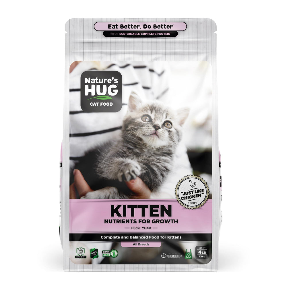 Nature's HUG hypoallergenic dry cat food bag showing grain-free formula for sensitive stomachs.
