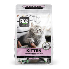 Nature's HUG hypoallergenic dry cat food bag showing grain-free formula for sensitive stomachs.