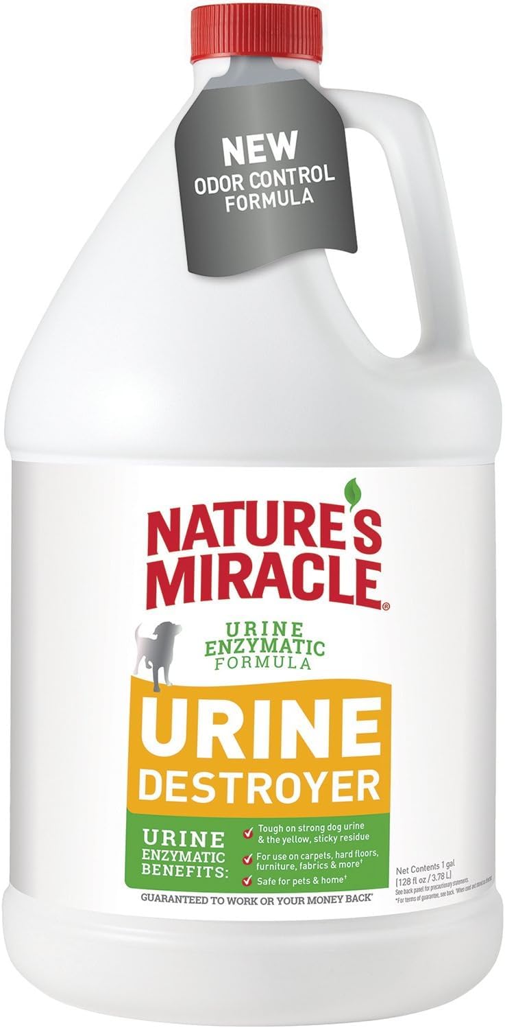 Nature's Miracle urine destroyer bottle front highlights stain-fighting formula for carpets and floors.