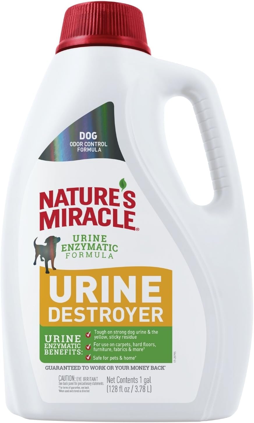 Nature's Miracle Dog Urine Destroyer bottle pour demonstrates easy application and stain removal
