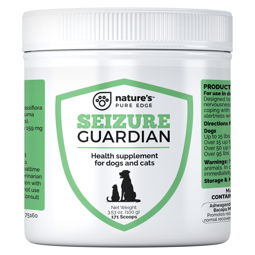 Nature's Pure Edge calming blend bottle front; supports pet relaxation during travel and storms.