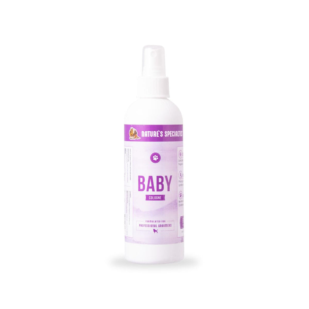 Nature's Specialties Baby Powder Scent dog cologne bottle for long-lasting grooming freshness.