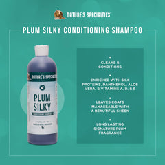 Nature's Specialties Plum Silky label close-up highlights premium ingredients for conditioning.