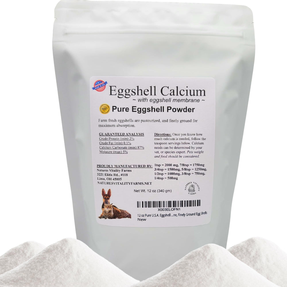 Natures Vitality Farms eggshell powder jar close-up supports pets' daily calcium needs and bone health.
