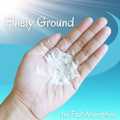 Natures Vitality Farms eggshell powder texture close-up shows finely ground, pasteurized calcium source.