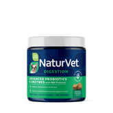 NaturVet bottle label showing probiotic enzymes for canine digestion balance.