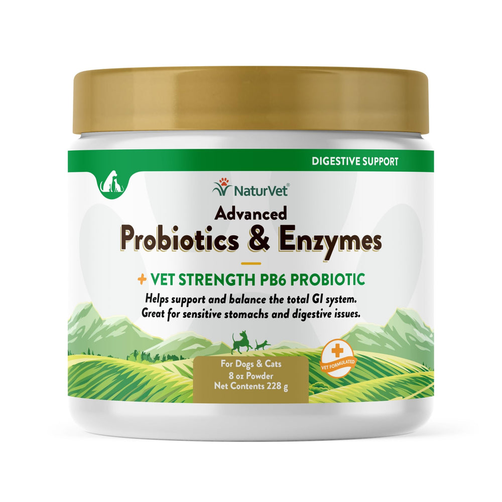 NaturVet Advanced Probiotics powder tub showing GI balance support for pets