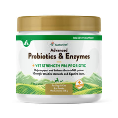 NaturVet Advanced Probiotics powder tub showing GI balance support for pets